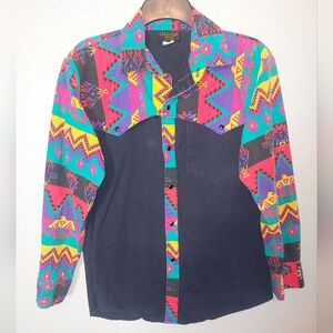 Vtg 80s 90s Wild West Colorful Western  Bib Womens Shirt Aztec Print USA Medium